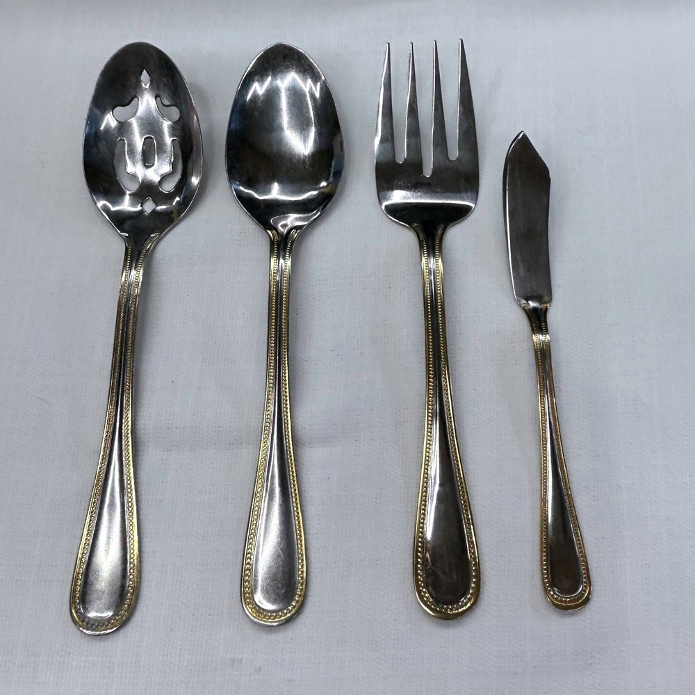 International Silver Royal Bead Gold 4 pc Serving Set Stainless 18/8 Spoons Fork